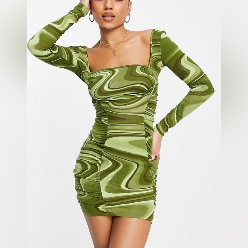 ASOS Long Sleeve Ruched Cowl Front Mini Dress in a Green Swirl Print.